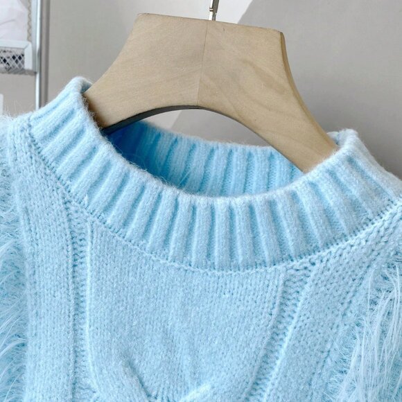 Blue Casual Women's Stand Collar Fuzzy Accent Long Sleeve Sweater - Picture 5 of 7